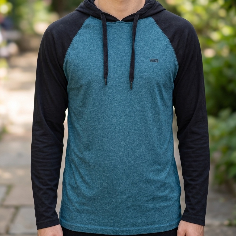 Vans Mens Raglan Hooded Long Sleeve T-Shirt Teal Black Skater Tee